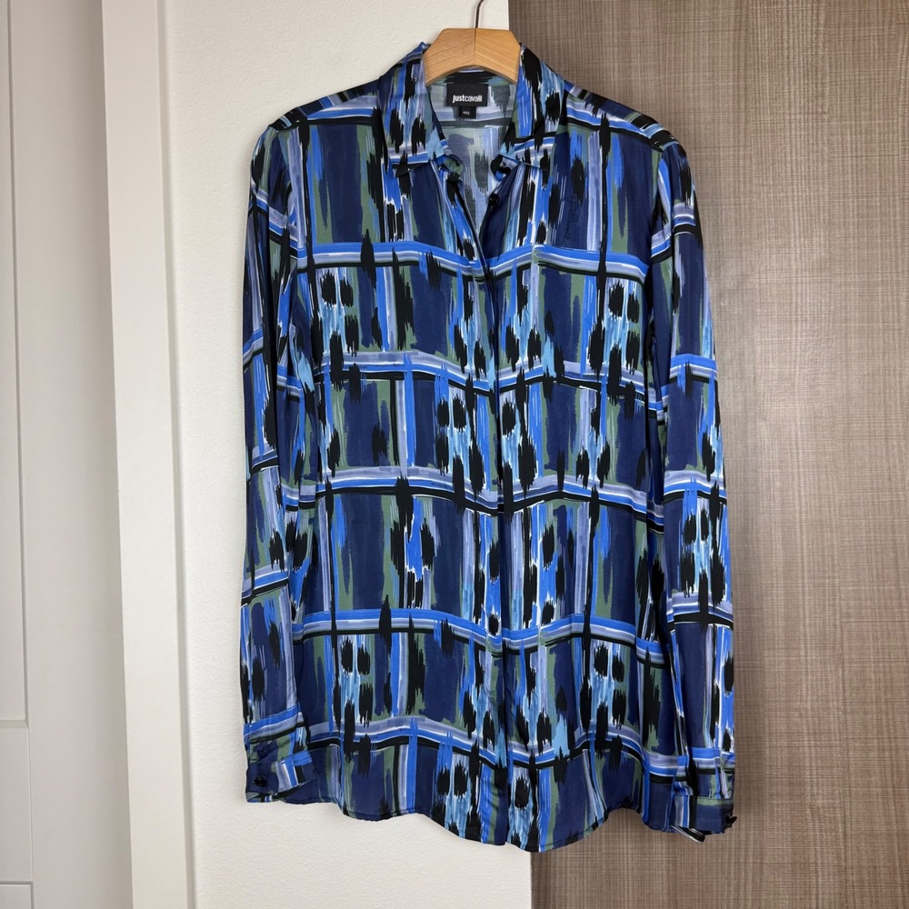 Just Cavalli Blue Black Patterned Button Down Blo… - image 2